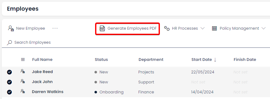 A screenshot that depicts the location of the &quot;Generate PDF&quot; button so that a PDF list of employees can be generated.